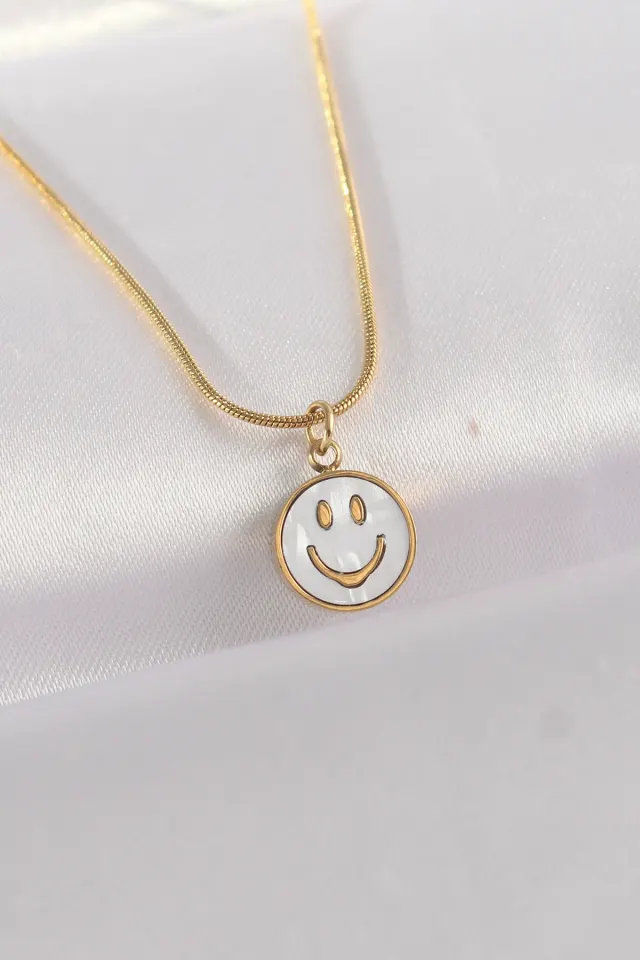 316L Çelik Zincir Gold Renk Mermer Desenli Minimal Smile Kolye