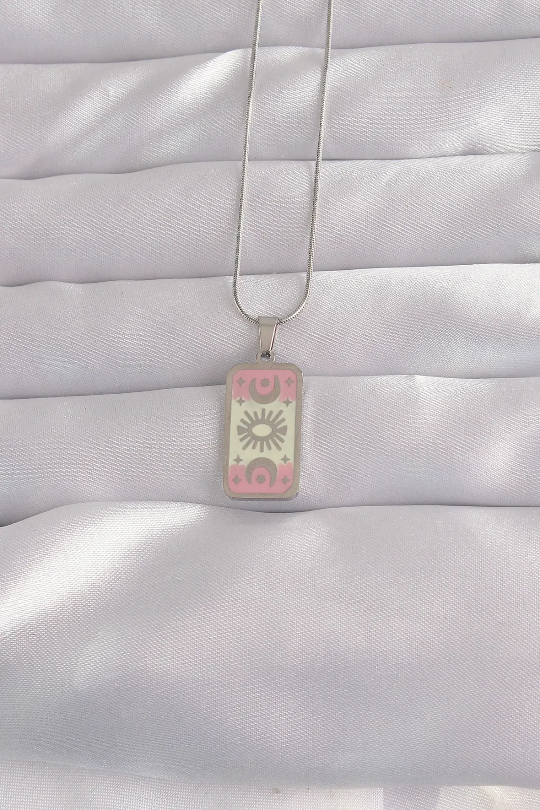 316L Çelik Gümüş Renk Pembe Mineli Ay Figür Tarot Kolye