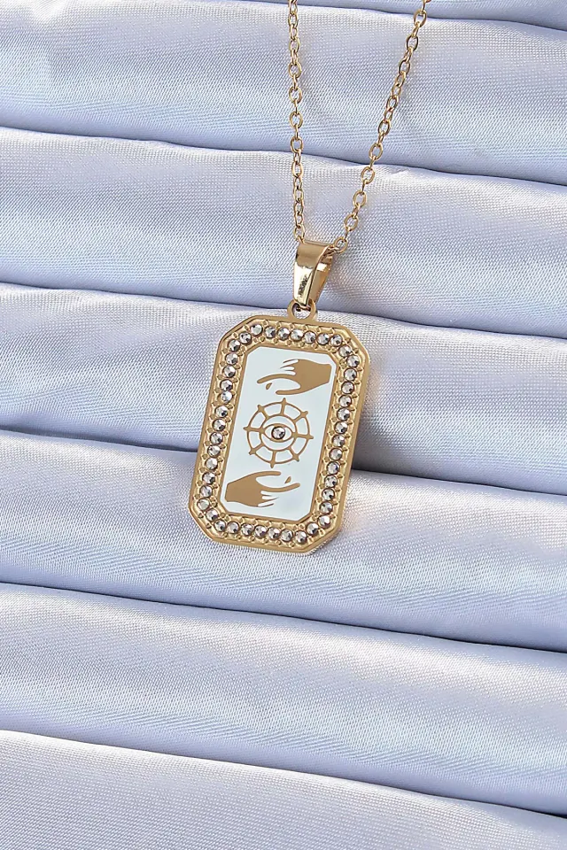 316L Çelik Zincir Gold Renk Mineli Zirkon Taşlı Göz Figür Tarot Kolye
