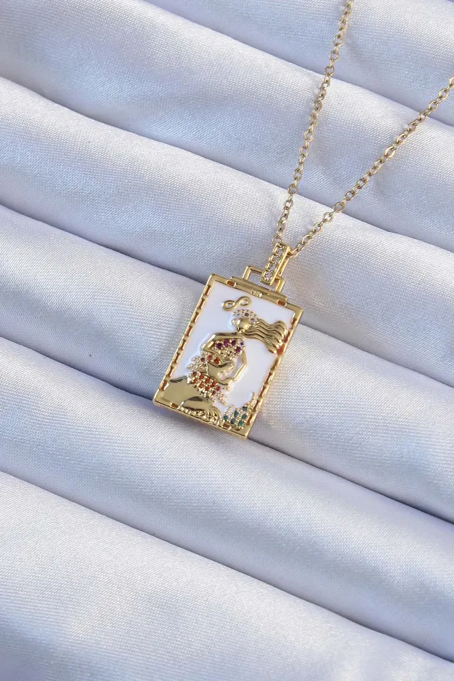 316L Çelik Zincir Gold Renk Beyaz Mineli Tarot Kolye
