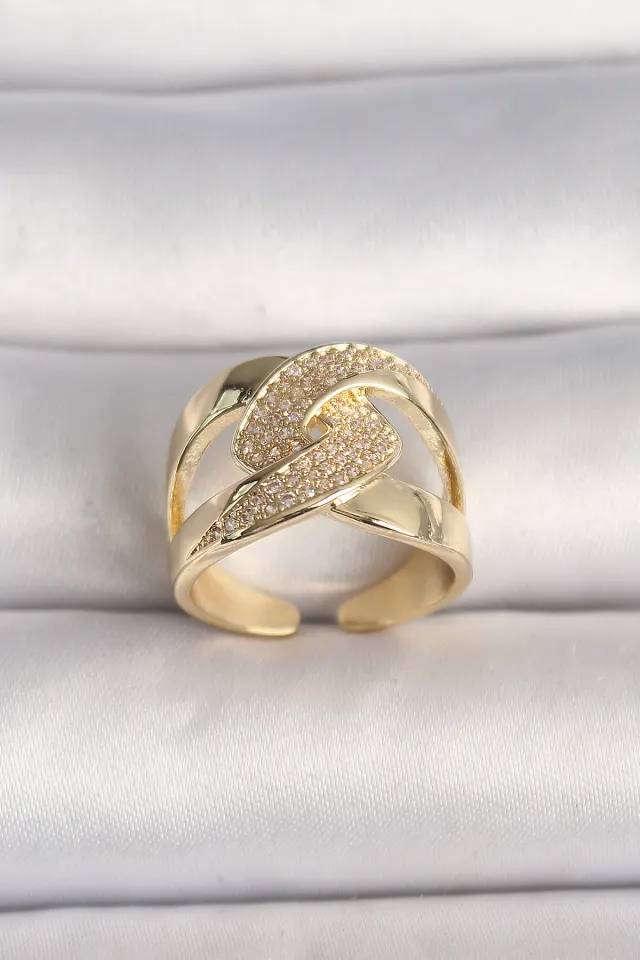 Pirinç Gold Renk Ayarlanabilir Zirkon Taşlı Kadın Yüzük