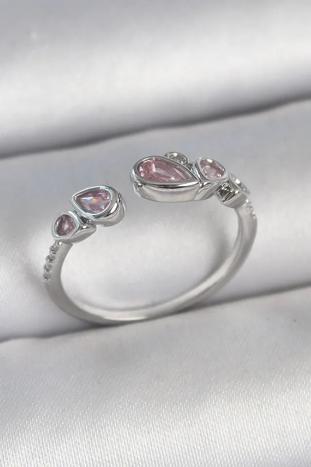 Pirinç Gümüş Renk Pembe Damla Zirkon Taşlı Ayarlanabilir Model Kadın Yüzük
