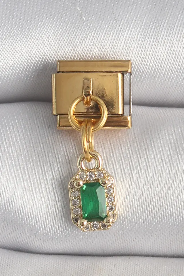 316L Çelik Gold Renk Sallantı Kare Yeşil Zirkon Taşlı Nomination Charm