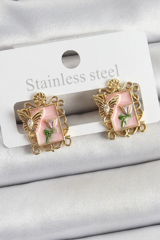Pirinç Pembe Mineli Sanatsal Portre Model Gold Renk Kadın Küpe
