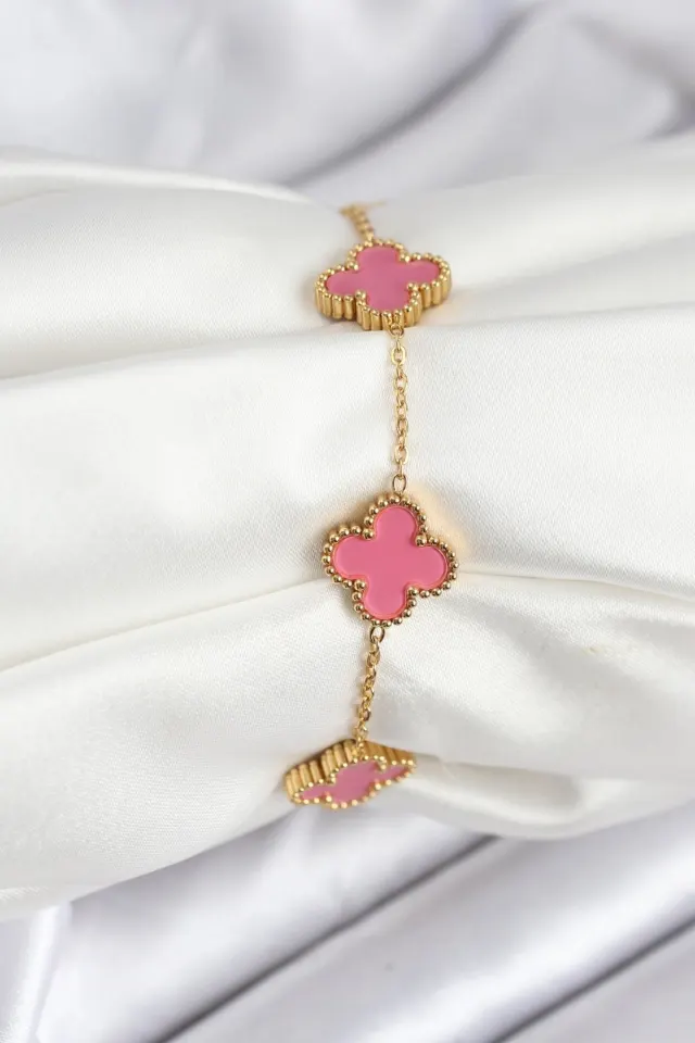 316L Çelik Gold Zincir Pembe Yonca Renk Bileklik