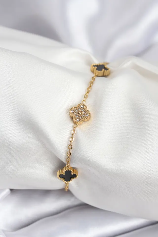 316L Çelik Gold Renk Siyah ve Zirkon Taşlı Baby Boy Yonca Kadın Bileklik
