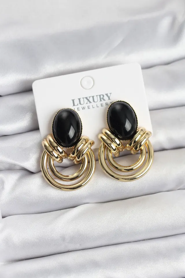 Pirinç Gold Renk Siyah Taşlı Vintage Kadın Küpe
