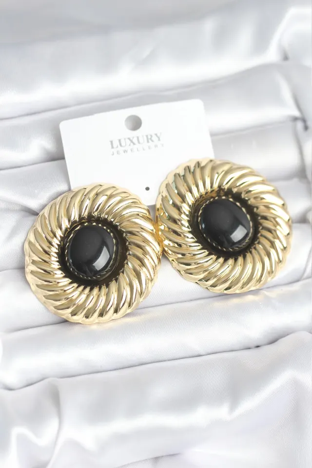 Pirinç Gold Renk Siyah Boncuklu Vintage Kadın Küpe
