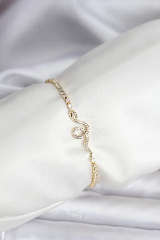 Yılan Model Zirkon Taşlı Gold Renk Pirinç Su Yolu Kadın Bileklik