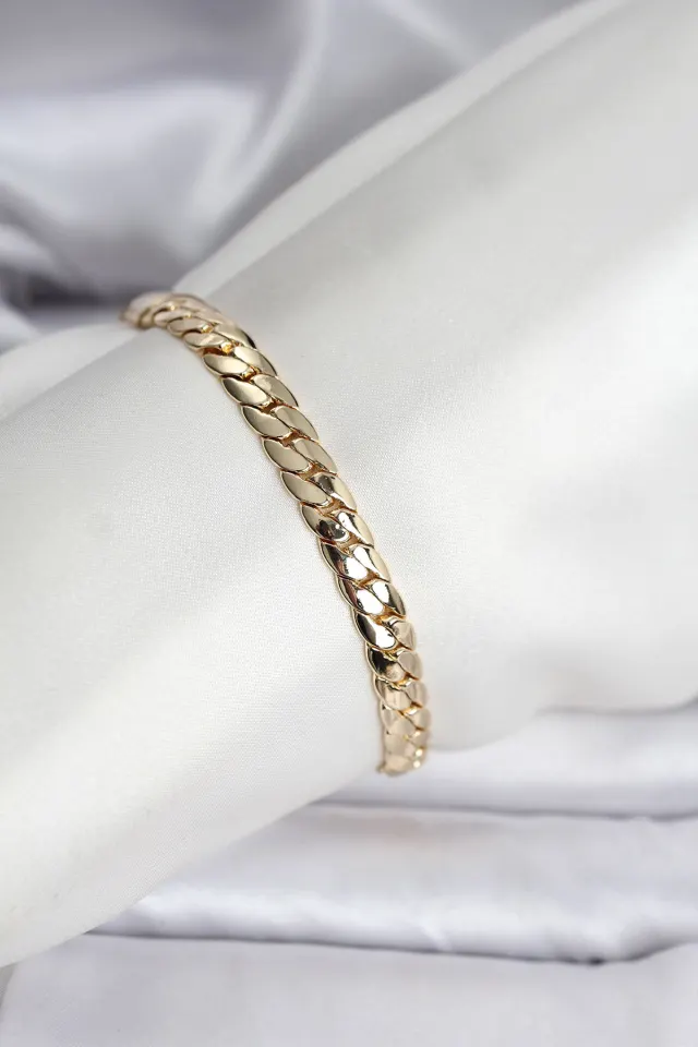 14K Gold Renk Kaplama Ezme Zincir Model Kadın Bileklik