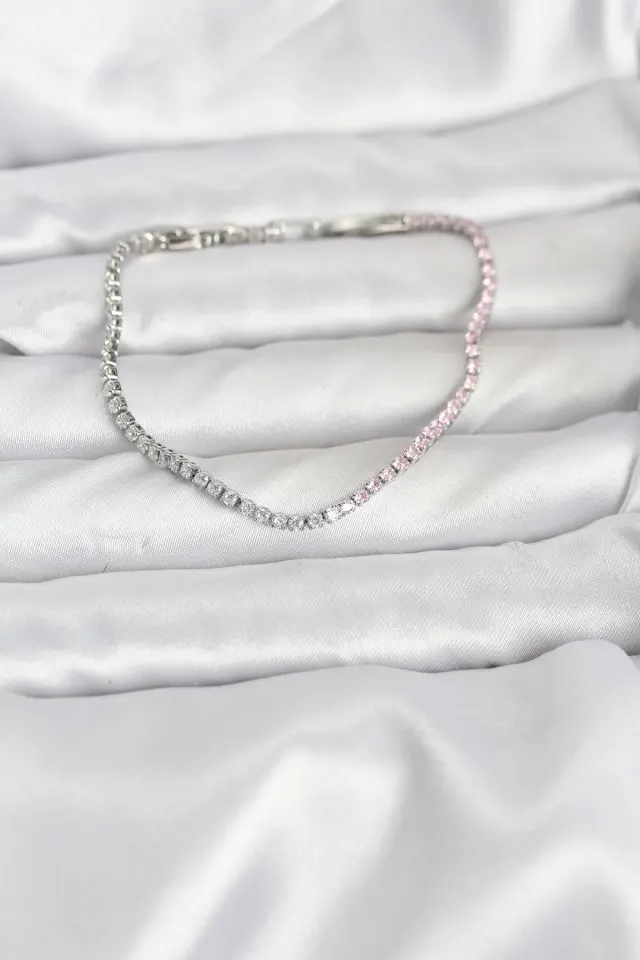 Pembe ve Beyaz Zirkon Taşlı Gümüş Renk Su Yolu Kadın Bileklik