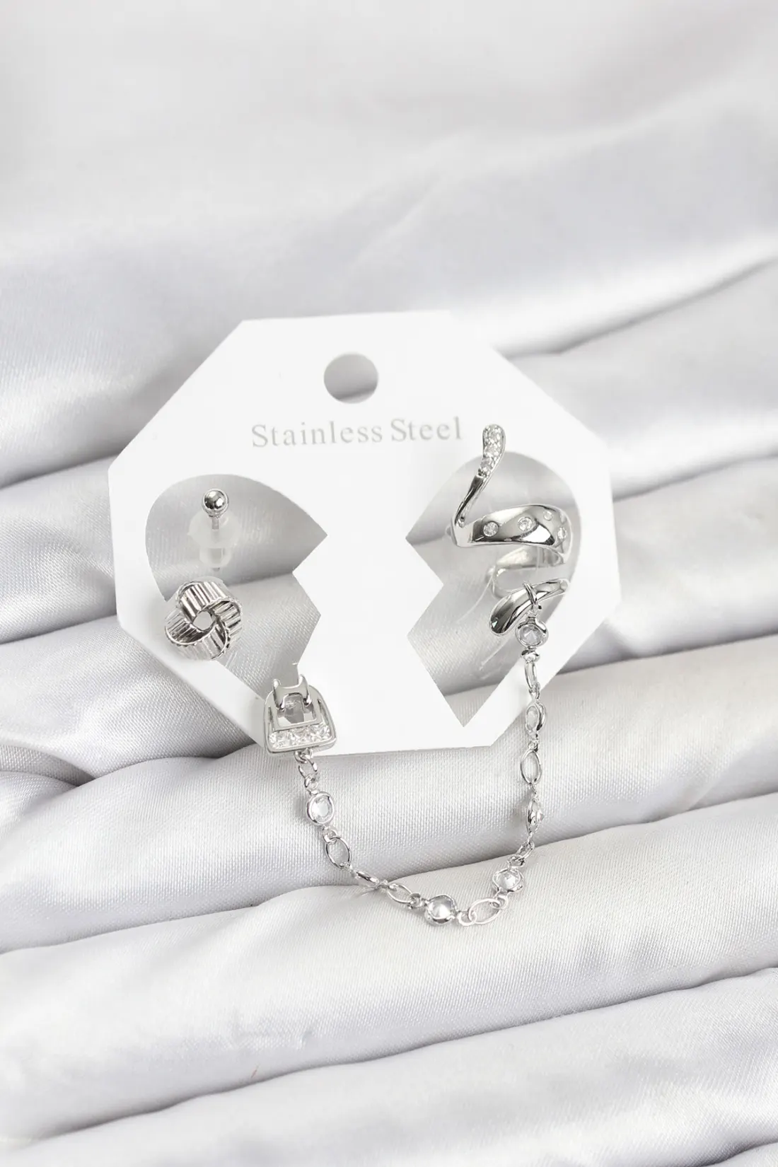 Pirinç Gümüş Renk Yılan Model Zincir Bağlantılı Ear Cuff Küpe Seti