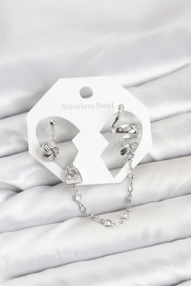 Pirinç Gümüş Renk Yılan Model Zincir Bağlantılı Ear Cuff Küpe Seti
