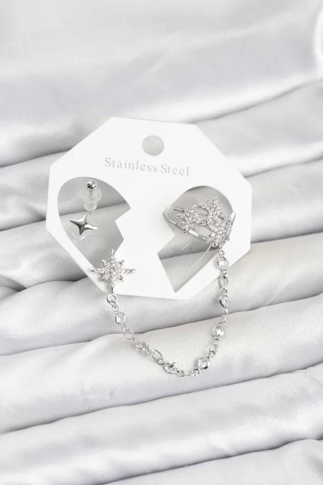 Kutup Yıldızı Model Pirinç Gümüş Renk Zincir Bağlantılı Ear Cuff Küpe Seti
