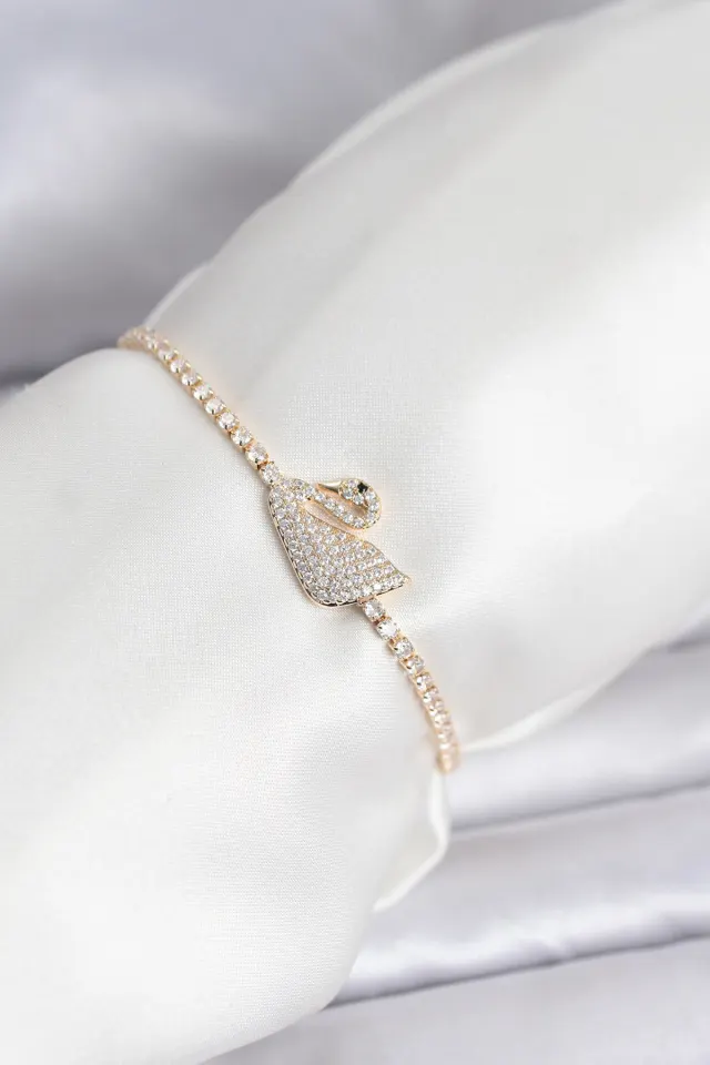 Kuğu Model Zirkon Taşlı Gold Renk Asansörlü Su Yolu Bileklik