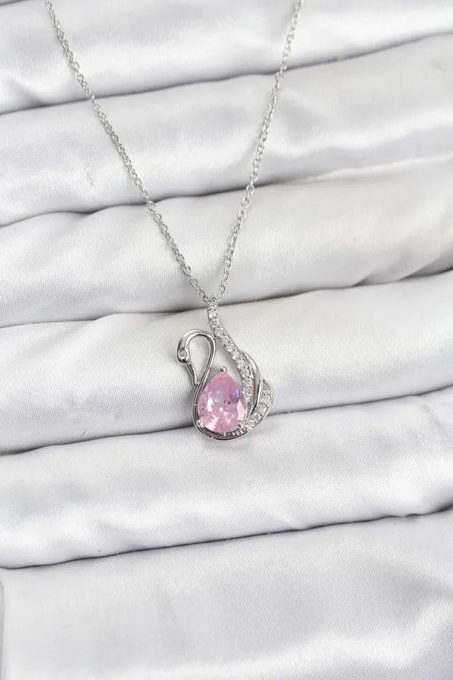 316L Çelik Zincir Gümüş Renk Pembe Kuğu Model Zirkon Taşlı Kadın Kolye