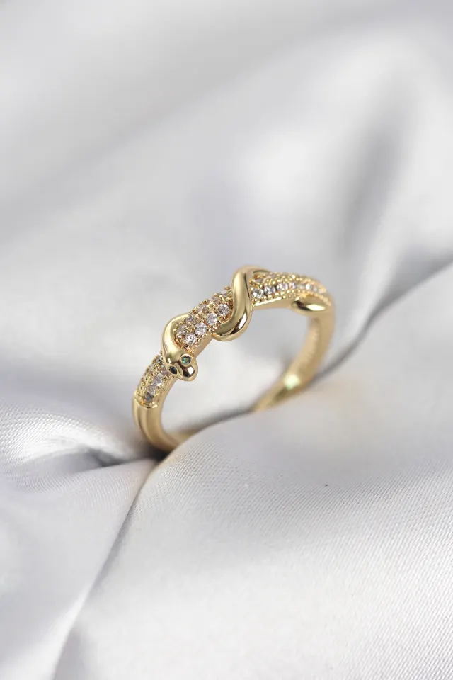 Gold Renk Zirkon Taşlı Sarmal Yılan Model Kadın Yüzük