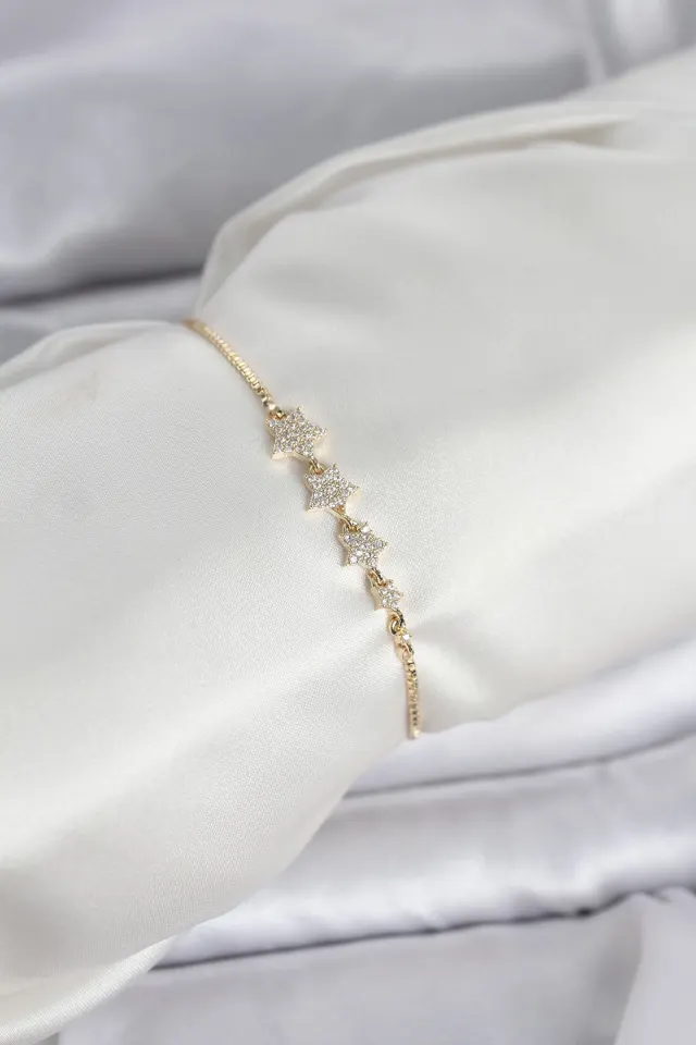 Gold Renk Zirkon Taşlı Yıldız Model Asansörlü Kadın Bileklik