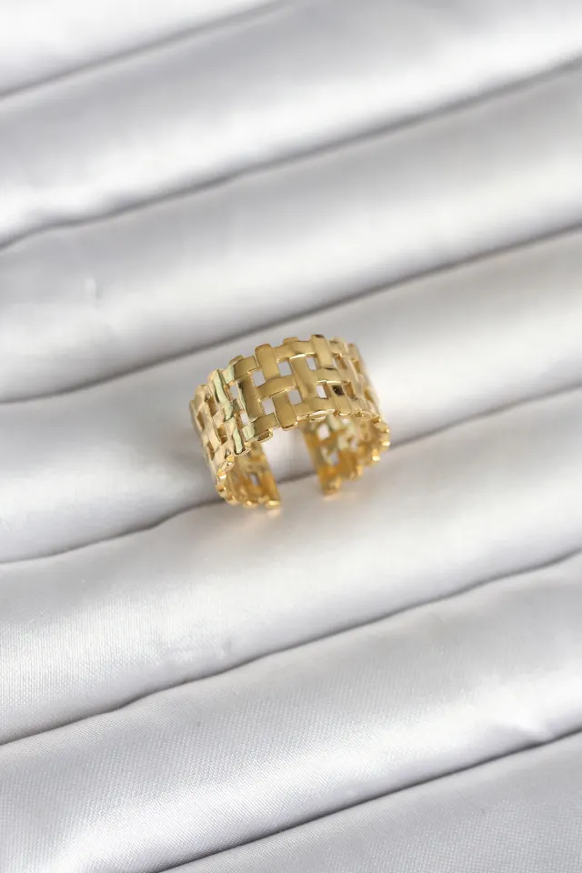 316L Çelik Gold Renk Hasır Model Kadın Yüzük