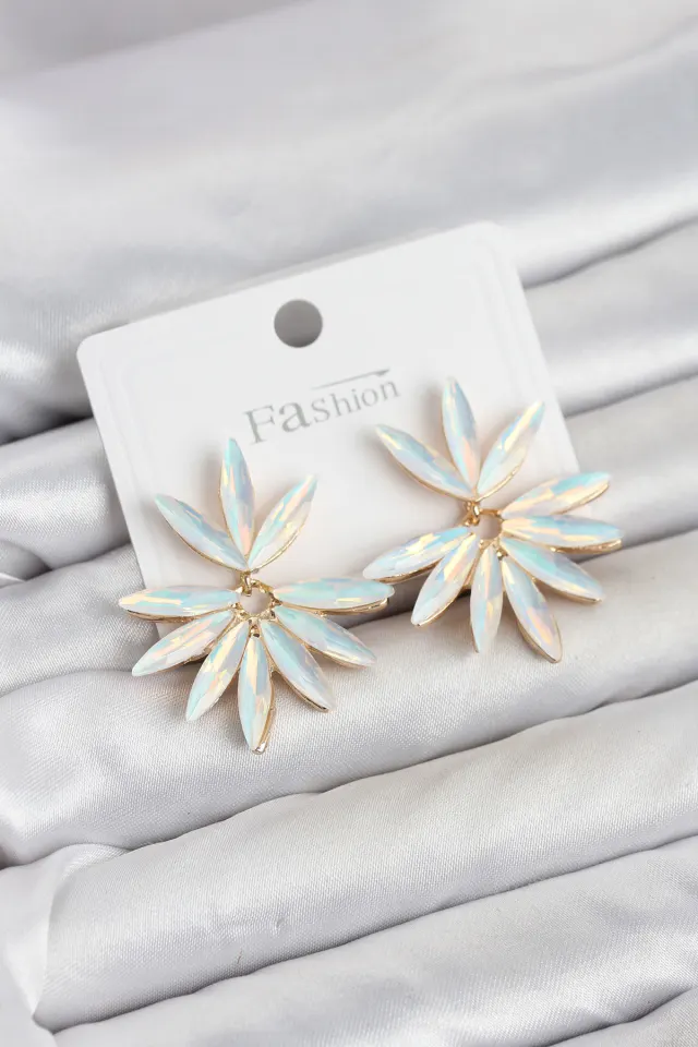 Beyaz Renk Kristal Taşlı Lotus Model Kadın Küpe