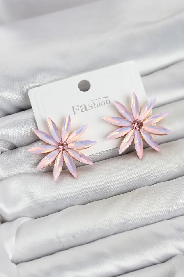 Pembe Kristal Taşlı Lotus Model Kadın Küpe