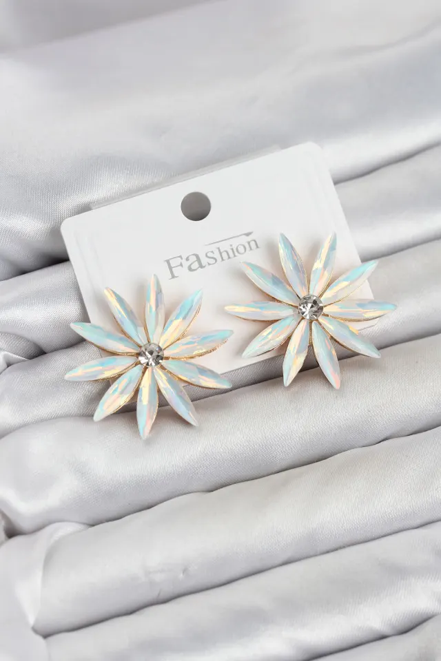 Beyaz Renk Kristal Taşlı Lotus Model Kadın Küpe