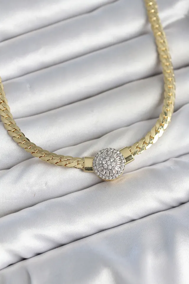 Ezme Zincir Model Zirkon Taşlı VIP Seri Gold Renk Kadın Kolye